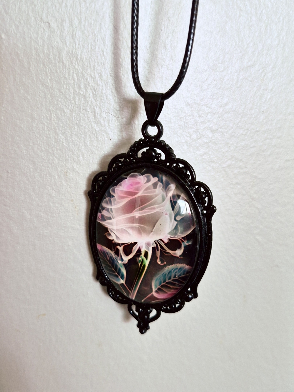 Black Filigree Pendant Necklace with Pink Rose Motif